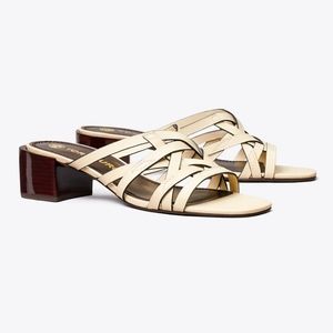 Tory Burch Cream Leather Strappy Low Block Heel Sandals